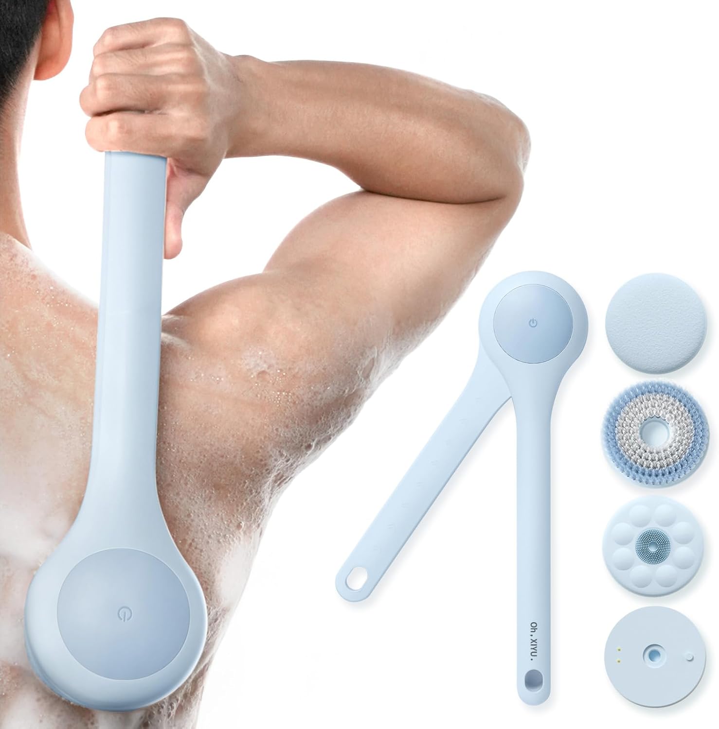 Electric Body Brush Back Scrubber for Shower, Waterproof Long Dual Handle Power Body Scrubber with 3 Heads, Rechargeable Bath Brush & 2 Speeds, for Cleansing, Exfoliating and Massaging Skin