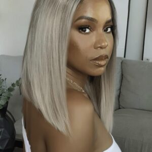 KLAIYI Ombre Ash Blonde Straight Bob Wig Human Hair Bye Bye Knots Glueless 7x5 Precut Lace Front Wig Pre Plucked Pre Bleached Side Part 30S Wear and Go Wig with Brown Dark Roots Blunt Cut Style 12Inch