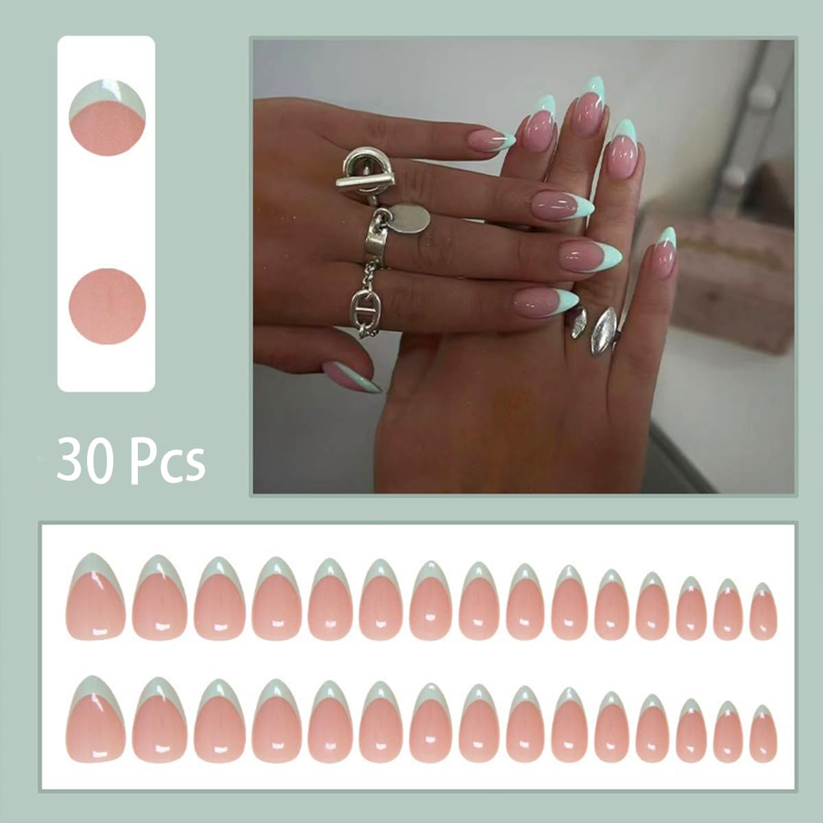 30Pcs Mint Green Press on Nails French Tip Fake Nails Short Almond Shape Acrylic False Nails Natural Artificial Glue on Nails Press on Nude Pink Stick on Nails DIY Art for Women Girls - Image 4