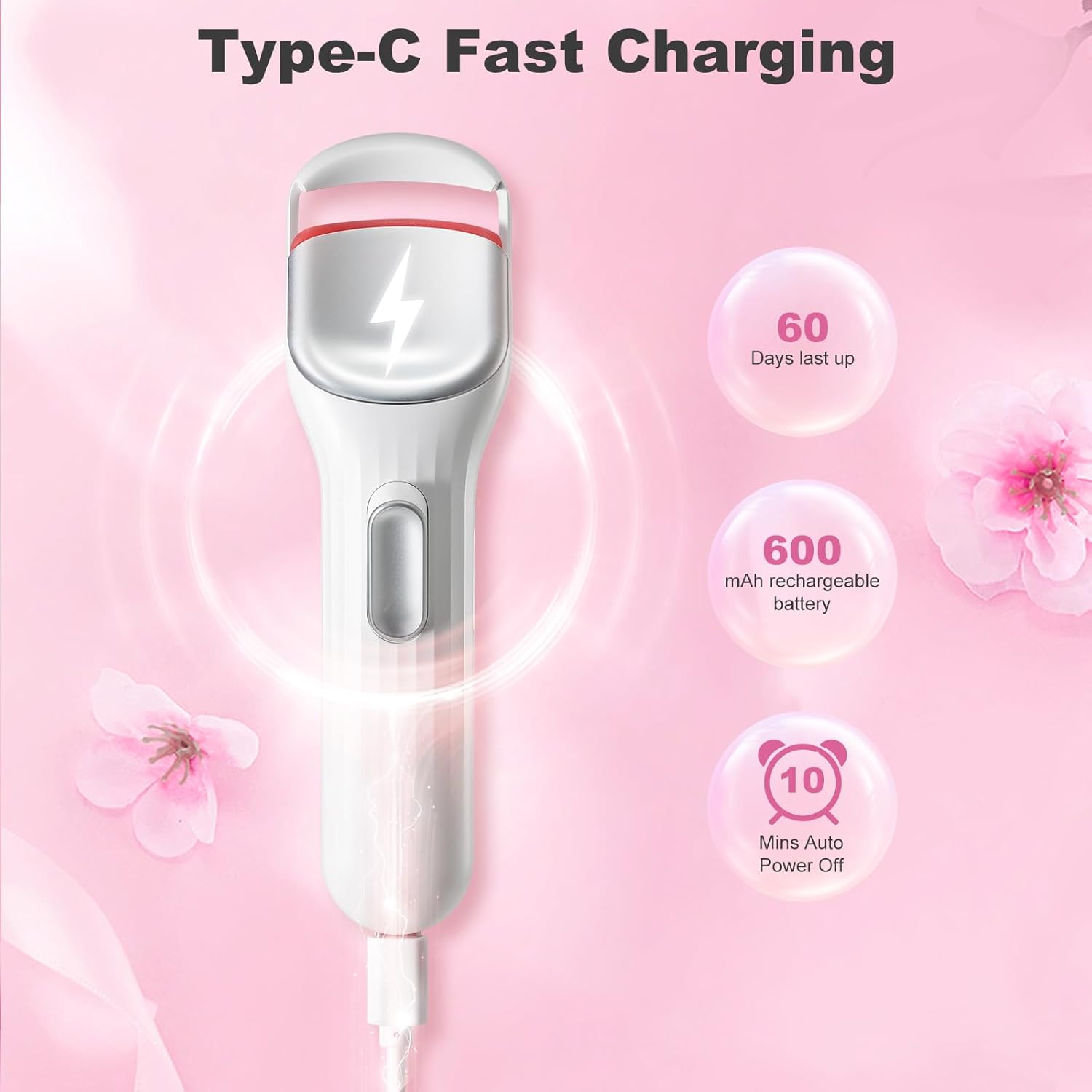 Heated Eyelash Curler Professional - Eye Lashes Curler with Innovative Heating Silicone, Electric Eyelashes Curler with 600mAh Rechargeable Battery EC4001 (White) - Image 7