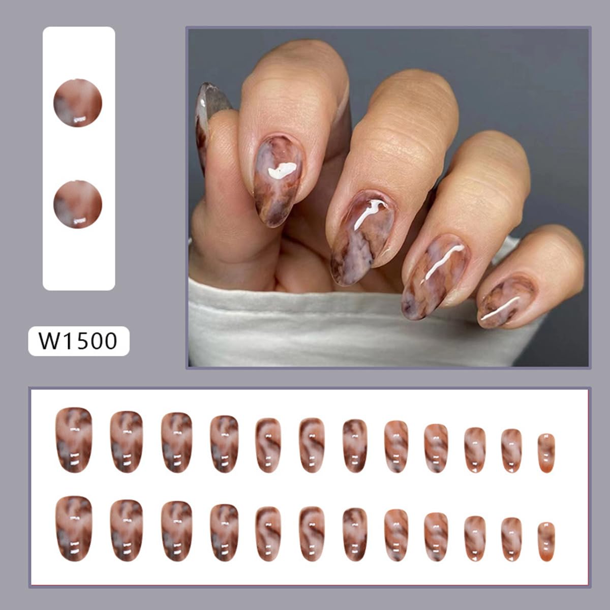Almond Shape Press on Nails Short Oval Fake Nails Gray Marble Acrylic Nails Full Cover Blooming Gel False Nails Glossy Watercolor Halo Design Glue on Nails Reusable Stick on Nails for Women 24PCS - Image 4