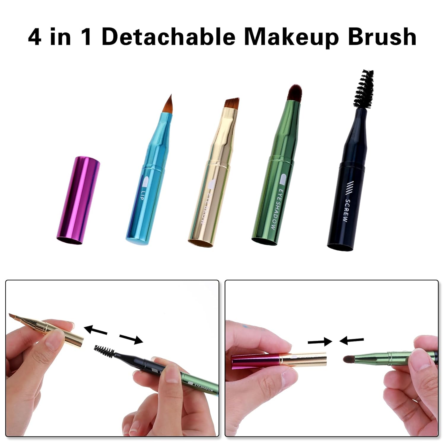 Simarro 4 in 1 Makeup Brush Set, Portable Travel Size Make Up Brushes - Detachable Eyeshadow, Eyebrow, Screw, Lip Brush for Foundation, Concealer, Powder Liquid (Multicolor) - Image 2