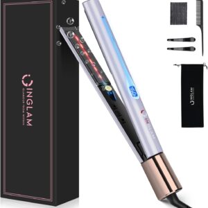 IG INGLAM Titanium Flat Iron Hair Straightener, Curling Iron 1 Inch, Infrared Negative Ionic Hair Straightener 11 Adjust Temp 250°F to 450°F, Shiny Hair Dual Voltage 110-240V, Gift, Purple