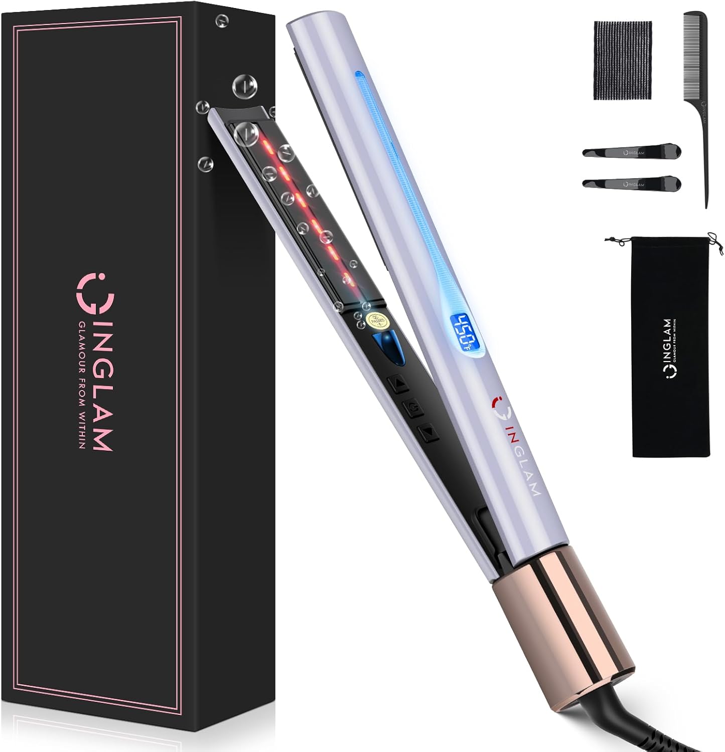 IG INGLAM Titanium Flat Iron Hair Straightener, Curling Iron 1 Inch, Infrared Negative Ionic Hair Straightener 11 Adjust Temp 250°F to 450°F, Shiny Hair Dual Voltage 110-240V, Gift, Purple