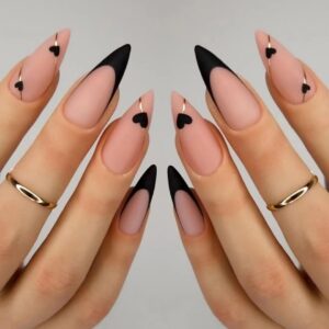 Black French Tip Press on Nails Almond Medium Fake Nails Heart False Nails with Gold Line Design Glue on Nails Reusable Acrylic Nails Full Cover Stick on Nails for Women Manicure 24Pcs