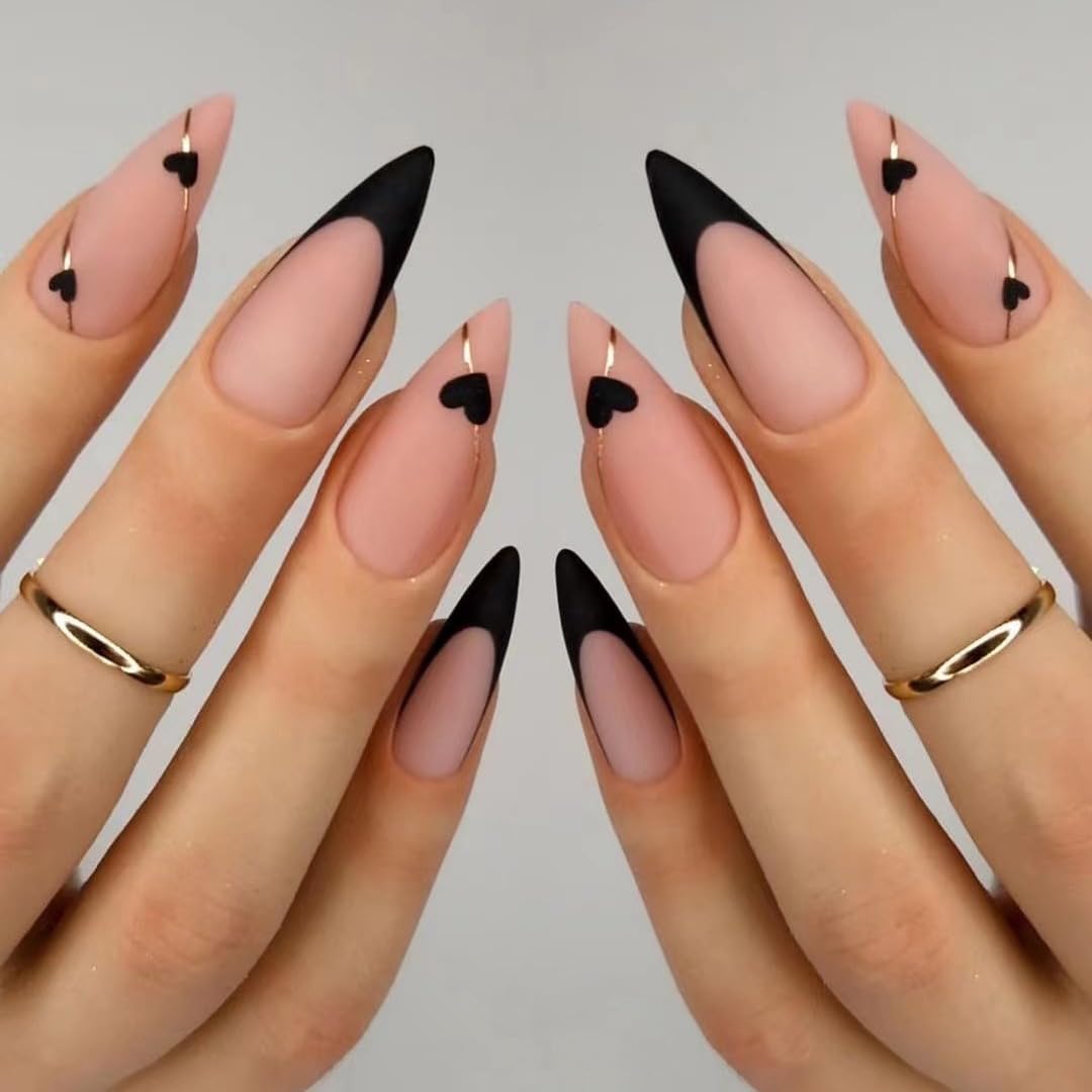 Black French Tip Press on Nails Almond Medium Fake Nails Heart False Nails with Gold Line Design Glue on Nails Reusable Acrylic Nails Full Cover Stick on Nails for Women Manicure 24Pcs