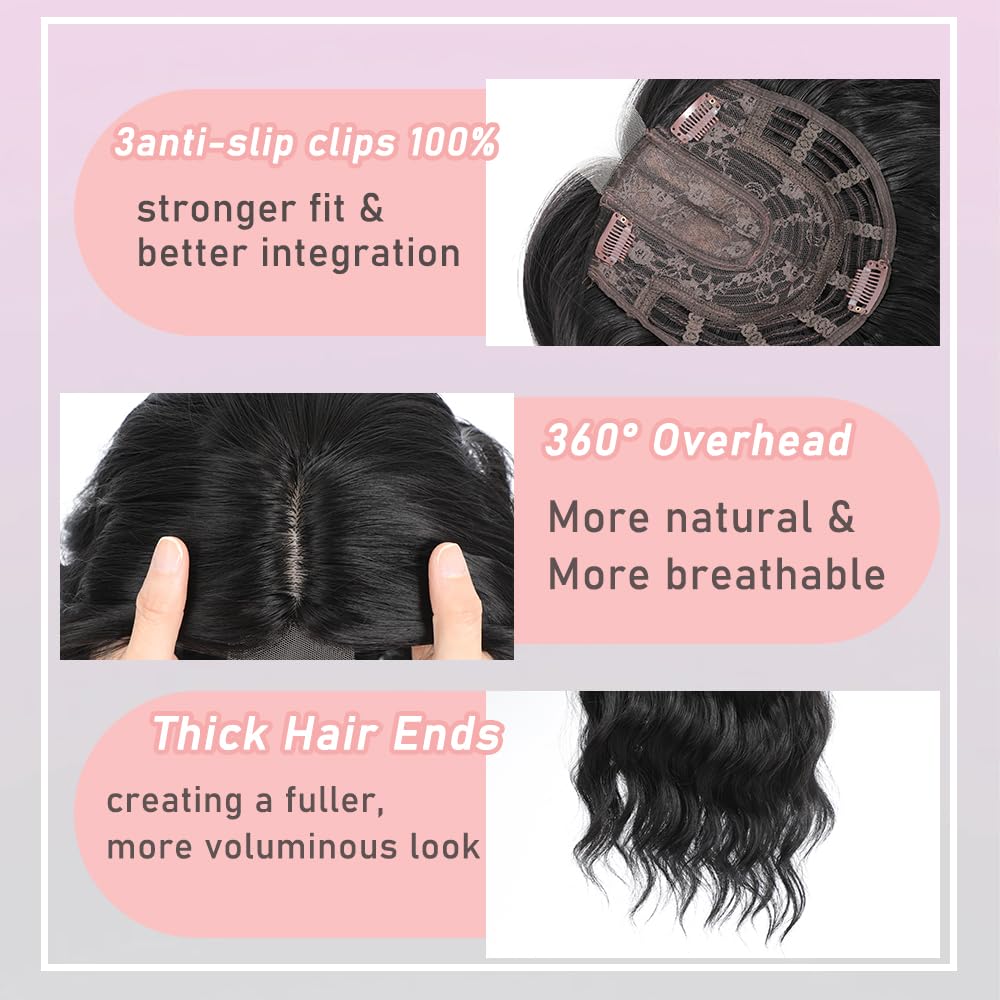 Hair Toppers for Women with Thinning Hair, 3D Toppers Pieces for Women Middle Part Clip in Bangs Synthetic Curly Wavy Daily (Black, Side bangs) - Image 3