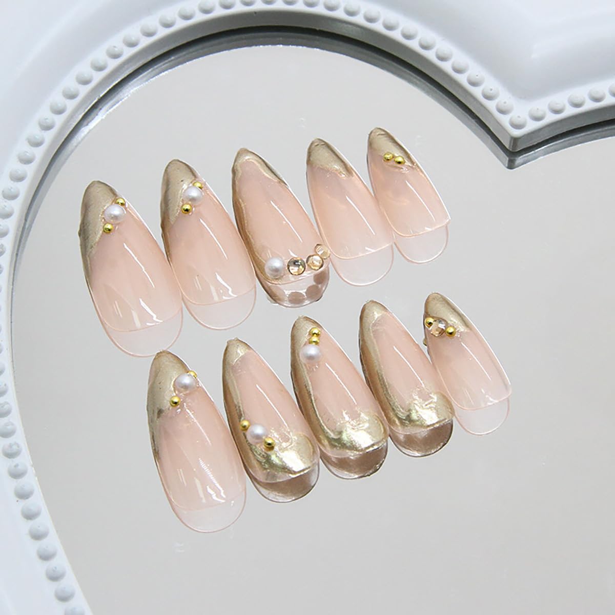 24Pcs Gold French Tip Press on Nails Almond Medium Fake Nails with 3D Diamond Pearl Rhinestones Design Gold Chrome Press ons Nude Pink Acrylic False Nails Glossy Full Cover Glue on Nails for Women - Image 5