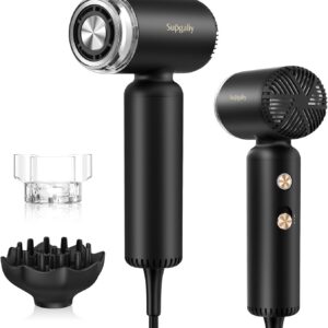 Lightweight Mini Hair Dryer,Professional High-Speed Brushless Motor Ionic Blow Dryer for Fast Drying, Magnetic Wall Mounted Diffuser Concentrator, Quiet Small Hairdryer (Black)