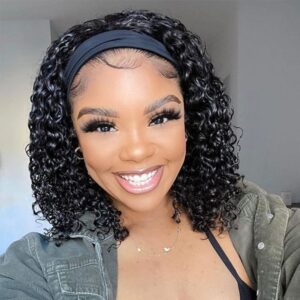 AISI Headband Wig Human Hair Curly Wigs for Black Women Brazilian None Lace Front Wigs 150% Density Natural Black Headband Wigs Glueless Wig with Elastic Band for Beginners 10 Inch