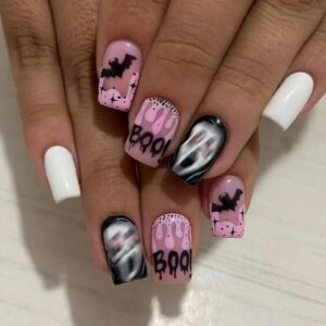 Halloween Fake Nails Medium Square Glue on with Horror Ghost Face Designs - Acrylic Blood Bat Skull Pink Stick on Nails False Nail Tips Full Cover 24 Pcs