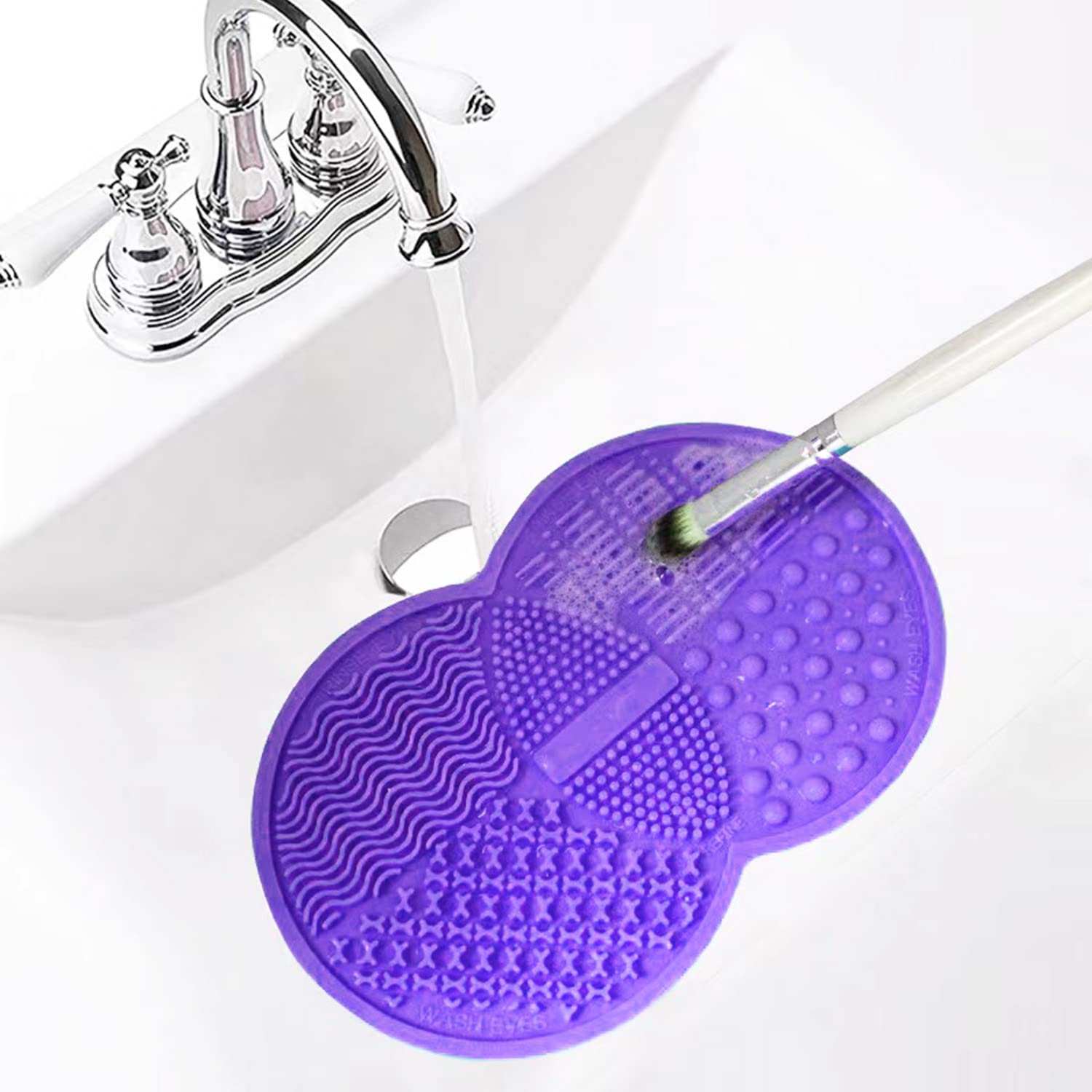 Silicone Makeup Brush & Sponge Cleaner - Cosmetic Brush Cleaning Mat, Powder Puff (Purple & Gray) - Image 4