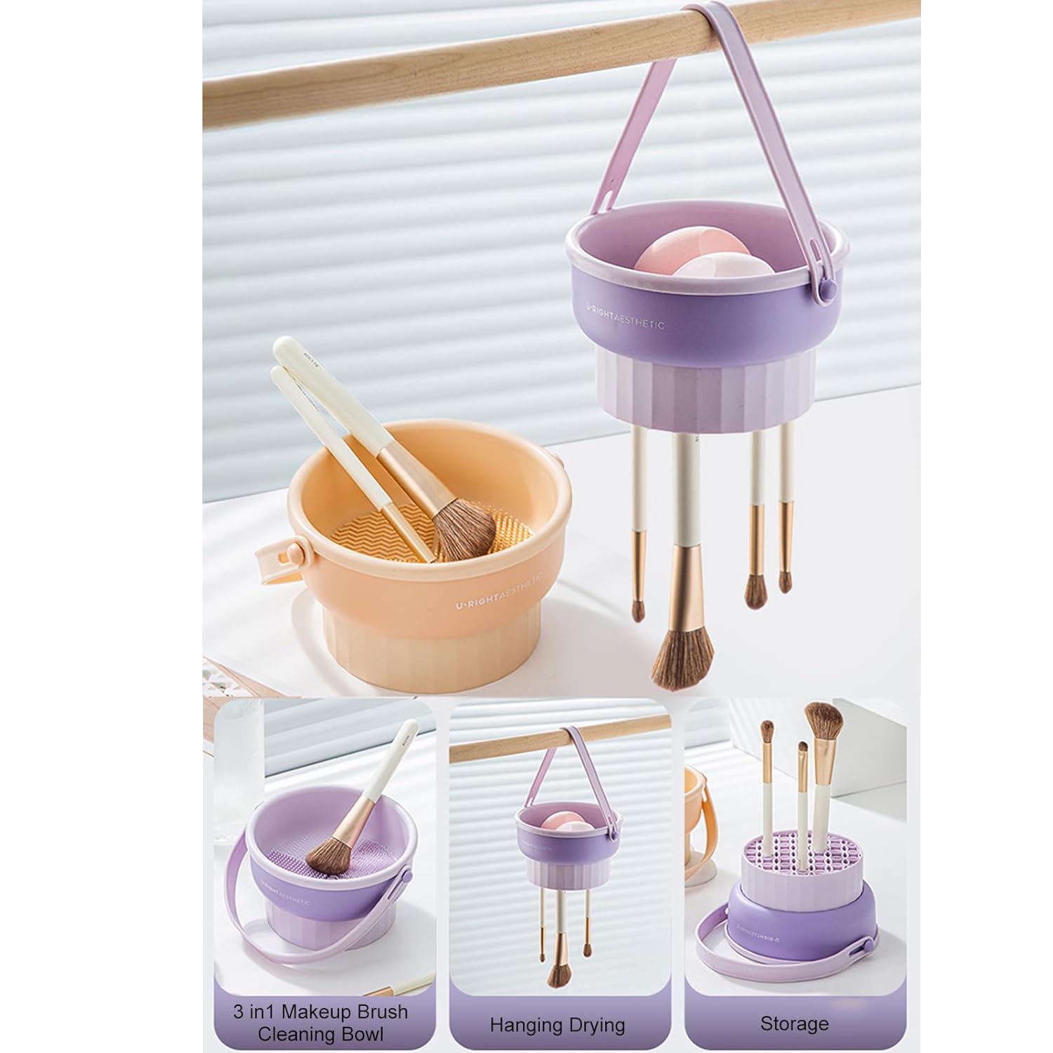 3 in 1 Brush Cleaning Mat with Brush Drying Holder, Silicone Makeup Brush Cleaner Mat Make Up Brush Cleaning Bowl Cosmetic Brush Washing Tool for Makeup Brush, Sponge, Powder Puff (Purple) - Image 2