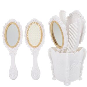 5pcs Vintage Vanity Set with Hand Mirror, Detangling Hair Brush, Rat Tail Comb, and Comb Holder for Makeup (White)
