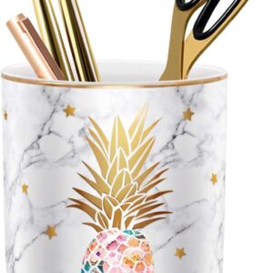 WAVEYU Pen Holder, Pencil Holder for Desk, Cute Makeup Brush Holder Marble Pineapple Pattern Pencil Cup for Girls Kids Durable Ceramic Desk Organizer Pineapple Decor for Office, Classroom