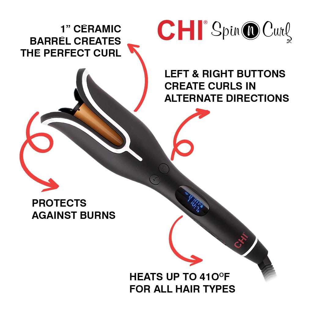 CHI Spin N Curl, Curling Iron For Healthy & Shiny Effortless Curls & Waves, Provides Preset Temperature Settings For Each Hair Texture, Onyx Black - Image 2