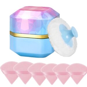 Body Powder Puff and Container, 3.35" Portable Dusting Powder Container w/ 1pc Soft Puff 6pcs Triangle Powder Puffs for Face Powder Case Box Jar for Baby Women Home and Travel Use