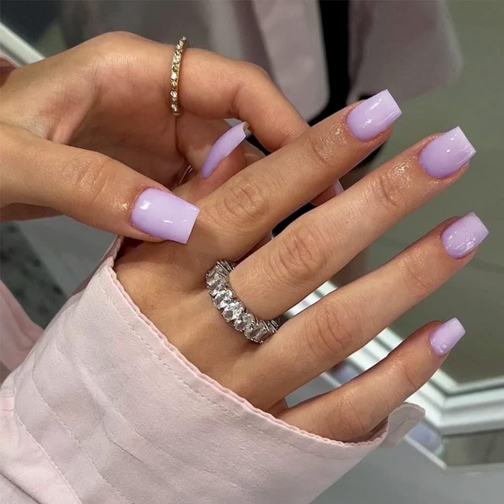 Light Purple Square Press on Nails Short,KQueenest Gel Glue on Nails Press on,Soft Short Fake Nails Set,Pure Stick on Nails for Women,Lilac Acrylic Nails Set,Natural Petite Nails for Daily Manicure - Image 2