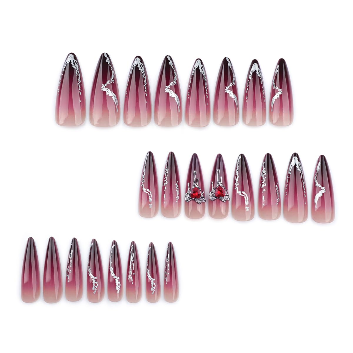 Stiletto Press on Nails Red Fake Nails Press ons with Heart Nail Charms Designs Long Ombre False Nails Acrylic Nails Full Cover Glue on Nails Artificial Stick on Nails for Women Manicure 24 Pcs - Image 5