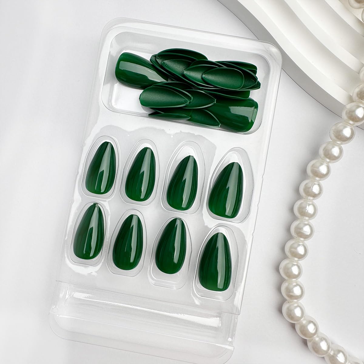 Green Press on Nails Short Almond Fake Nails Press ons False Nails with Designs Acrylic Glossy Full Cover Glue on Nails Press ons Cute Artificial Stick on Nails for Women Manicure 24 Pcs - Image 5