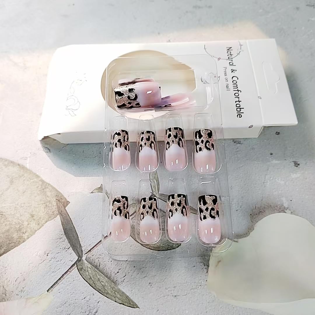 Leopard Press on Nails Gold Glitter Fake Nails Medium Square False Nails with Design Nude Gradient Glue on Nails Acrylic Nail Full Cover French Tip Stick on Nails for Women Nail Art Decoration 24Pcs - Image 6
