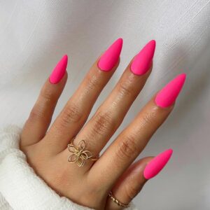 KQueenest Matte Hot Neon Pink Press on Nails Medium Almond Stiletto Gel Fake Nails Glue on Medium Pure Color Acrylic Nails Press ons Feature Protective UV Coating in 24PCS