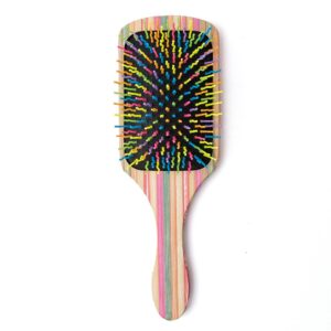 Natural Bamboo Paddle Hair Brush, Black and Multicolor, Hair Brush for Women, Girls and Kids, Detangling Brush for All Hair Types, 9.6in*6.1in*1.8in, 125g