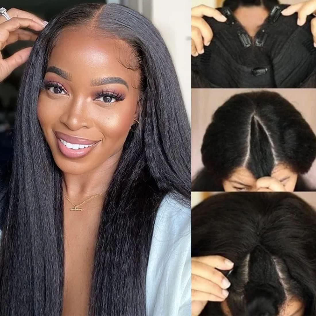 UNICE Kinky Straight V Part Wigs Human Hair for Women Glueless Upgrade U Part Wigs Machine Made Clips in V Part Wig Leave Out Real Scalp Beginner Friendly Natural Color 150% Density 16Inch