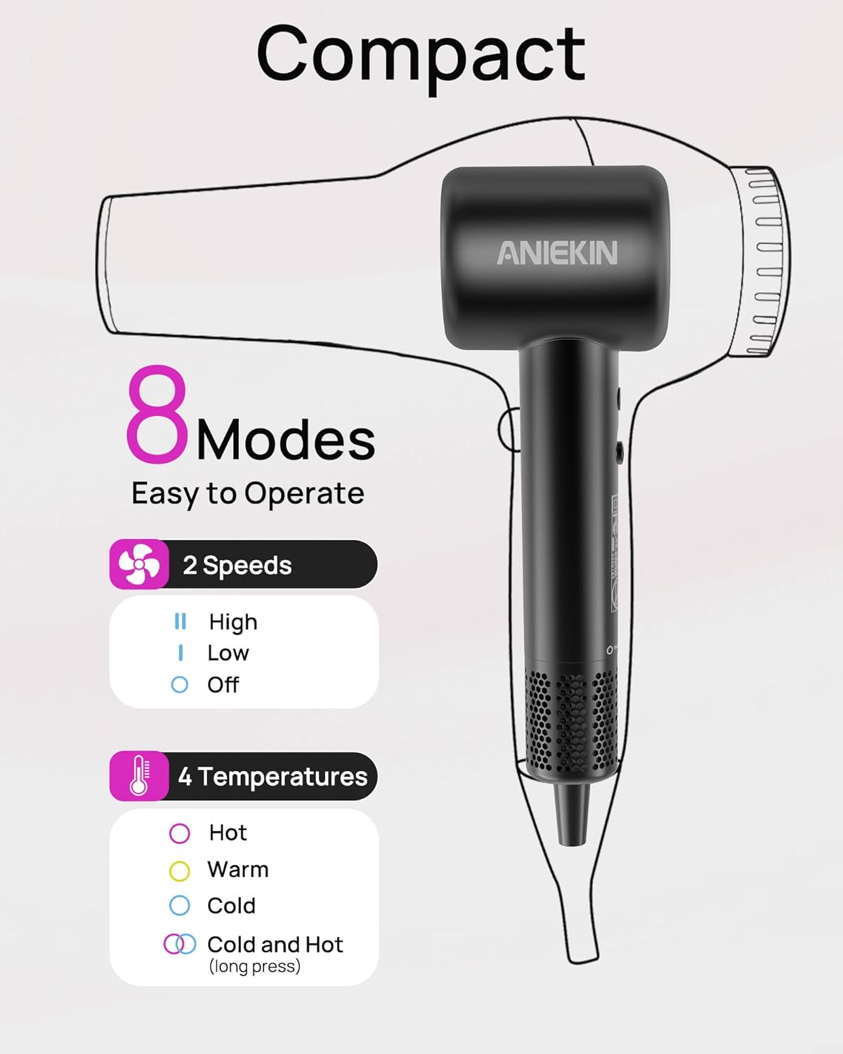 Hair Dryer, High-Speed Ionic Low Noise Blow Dryer with Brushless Motor for Fast Drying, Thermo-Control Quiet Compact Hair Blow Dryer with Magnetic Diffuser for Curly Hair for Home Travel Salon - Image 7