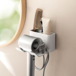 Hair Dryer Holder Universal Wall Mount Blow Dryer Holder Strong Self Adhesive Hair Dryer Hanger with Plug&Cord Organizer Rack for Dyson Hair Dryer Holder Bathroom, Vanity, Cabinet, White
