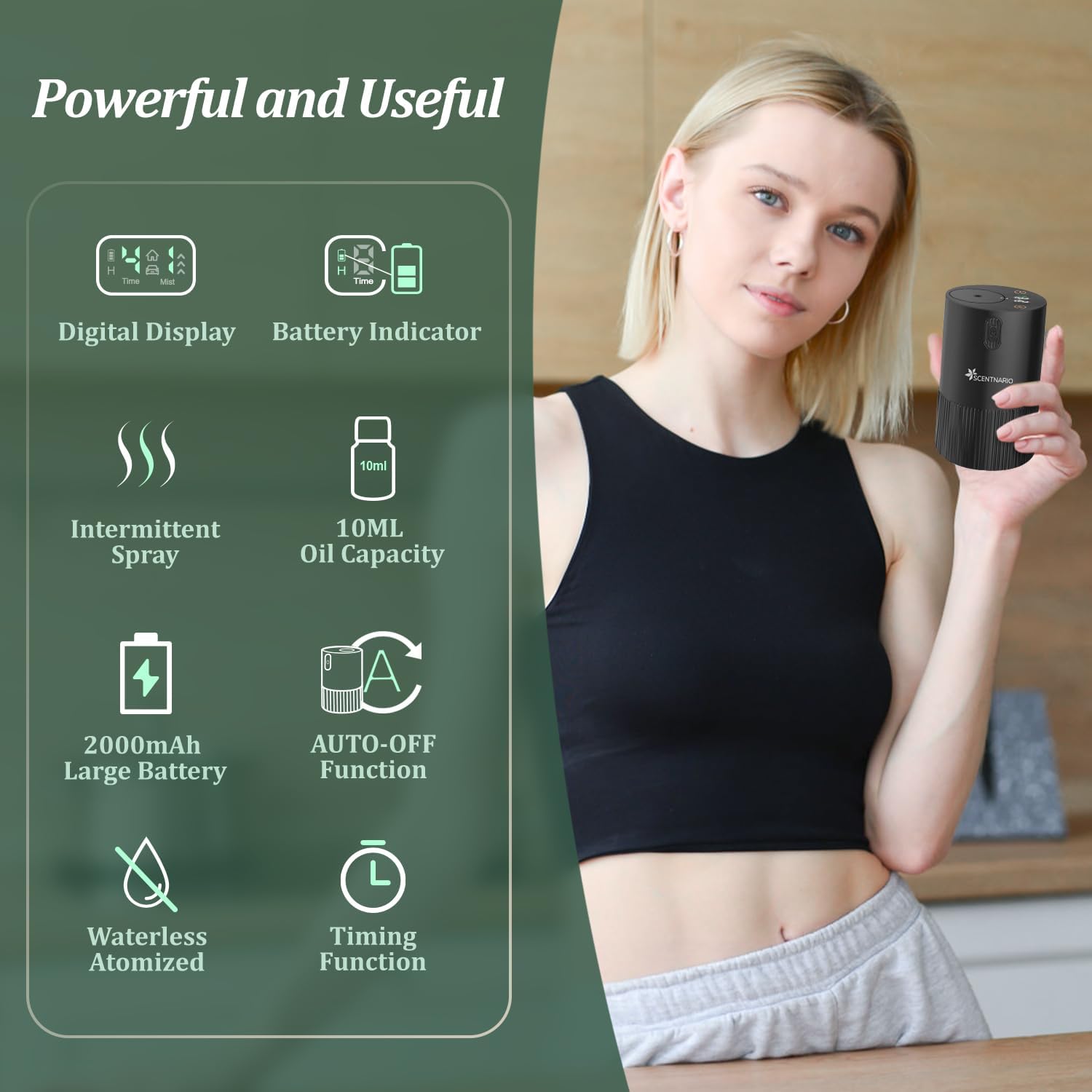 Waterless Diffuser for Essential Oil - Aroma Diffuser for Home with Battery Indicator, Portable Smart Scent Air Machine 1/2/3 & Continuous Mist, Timing & Auto-Off Function - Image 3