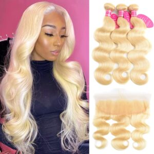 Aopusi 613 Human Hair Bundles with Frontal Brazilian Body Wave Bundles with Transparent Color Lace Frontal Closure Unprocessed Blonde Human Hair Weave and 13x4 Frontal Free Part(14 16 18+12)
