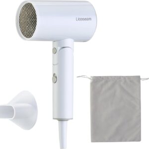 Portable & Foldable Small Hair Dryer with Lightweight Design, 1600W Fast Drying Compact Hair Blow Dryer，White + Pouch