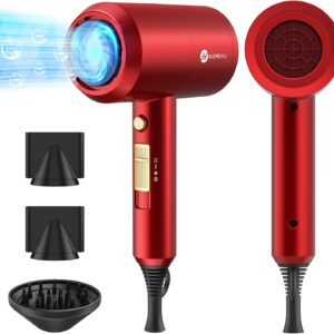 slopehill Professional Ionic Hair Dryer, Powerful 1800W Fast Drying Low Noise Blow Dryer with 2 Concentrator Nozzle 1 Diffuser Attachments for Home Salon Travel (Agate Red)