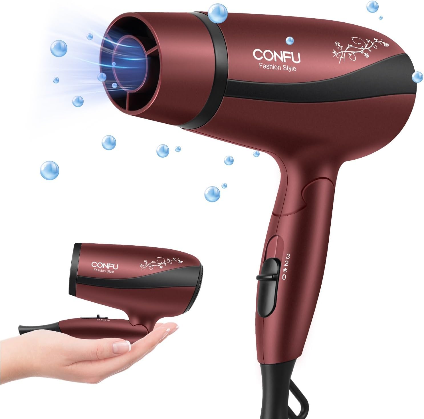 CONFU Portable Travel Blow Dryer, 1600W Ceramic Tourmaline Ionic Hair Dryer, Compact Folding Lightweight Hair Dryers for Women,1600 Watt Shine & Style Small Hair Dryer
