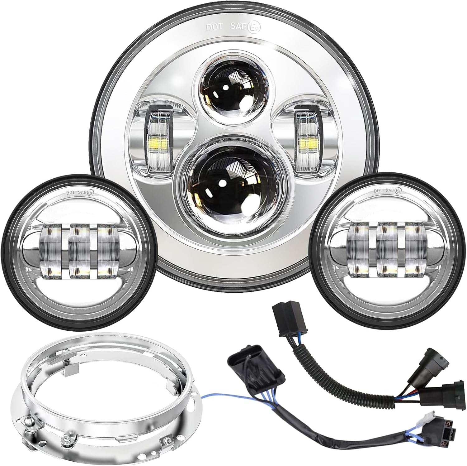 7 inch Motorcycle LED Headlight 4.5’’ Fog Passing Lights DOT Kit for Harley Davidson Road King Custom Street Electra Glide Ultra Limited Special Low CVO Tri Heritage Softail Deluxe Classic Switchback