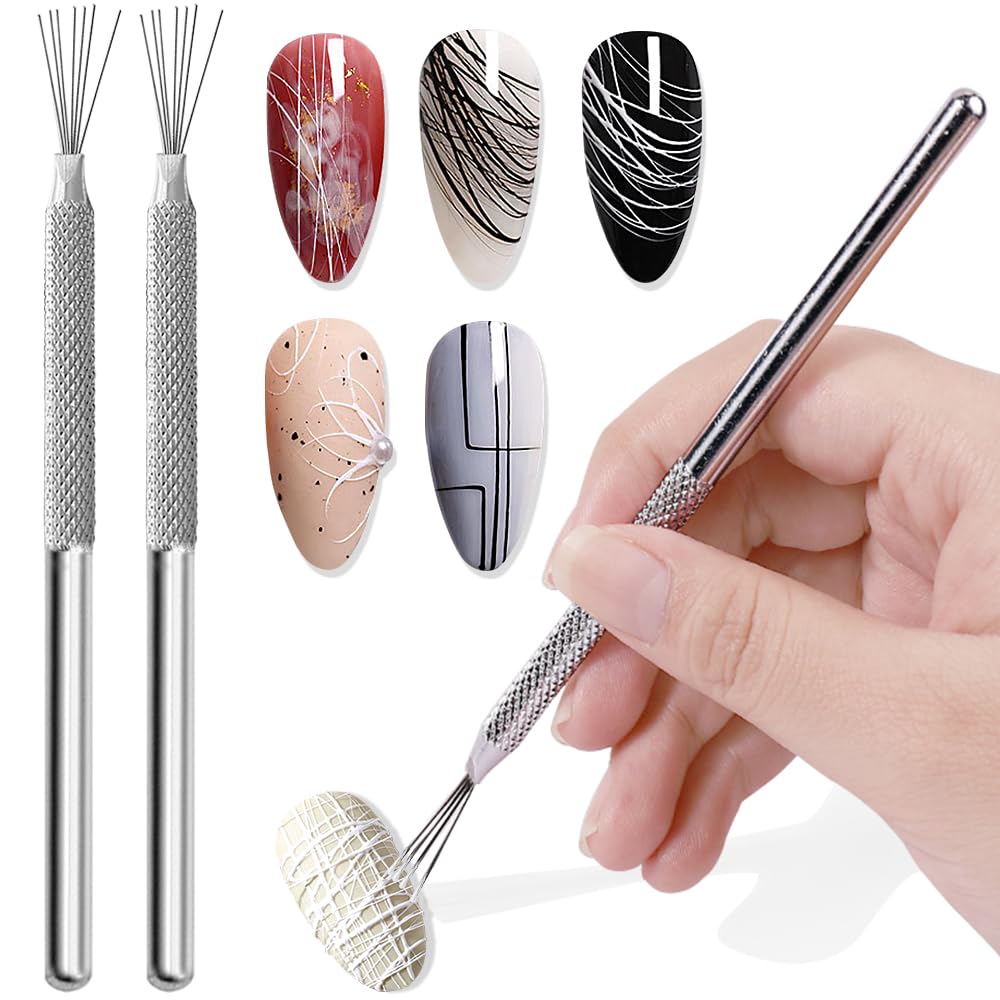 7-pin Nail Liner Nail Art Tools, Stripe Lines Nail Art Pens Stainless Steel Handle Bendable Pins Ultra-thin Line Nail Brush, Spider Gel Manicure Tools Nail Art Line Painting Tool Wire Drawing Pen,2pcs