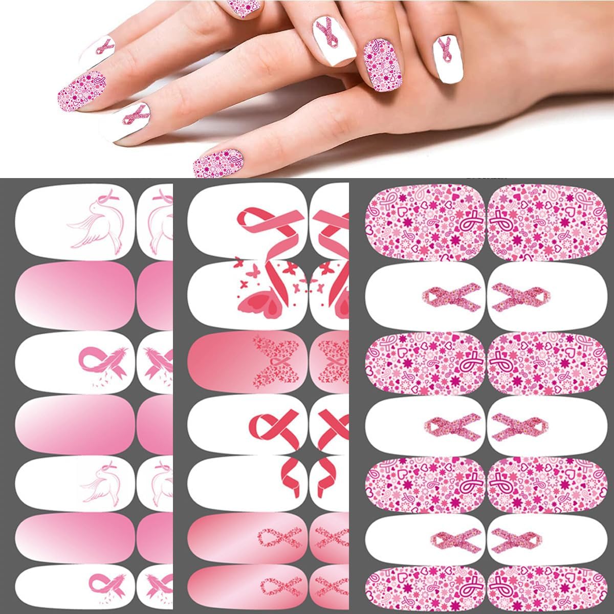 6 Sheets Breast Cancer Awareness Gel Nail Stickers Breast Cancer Nail Polish Stickers Pink Ribbon Nail Wraps for Short Nails Gradient Pink Cute Nails Design Fall Holiday Nail Decals for Women Manicure - Image 5