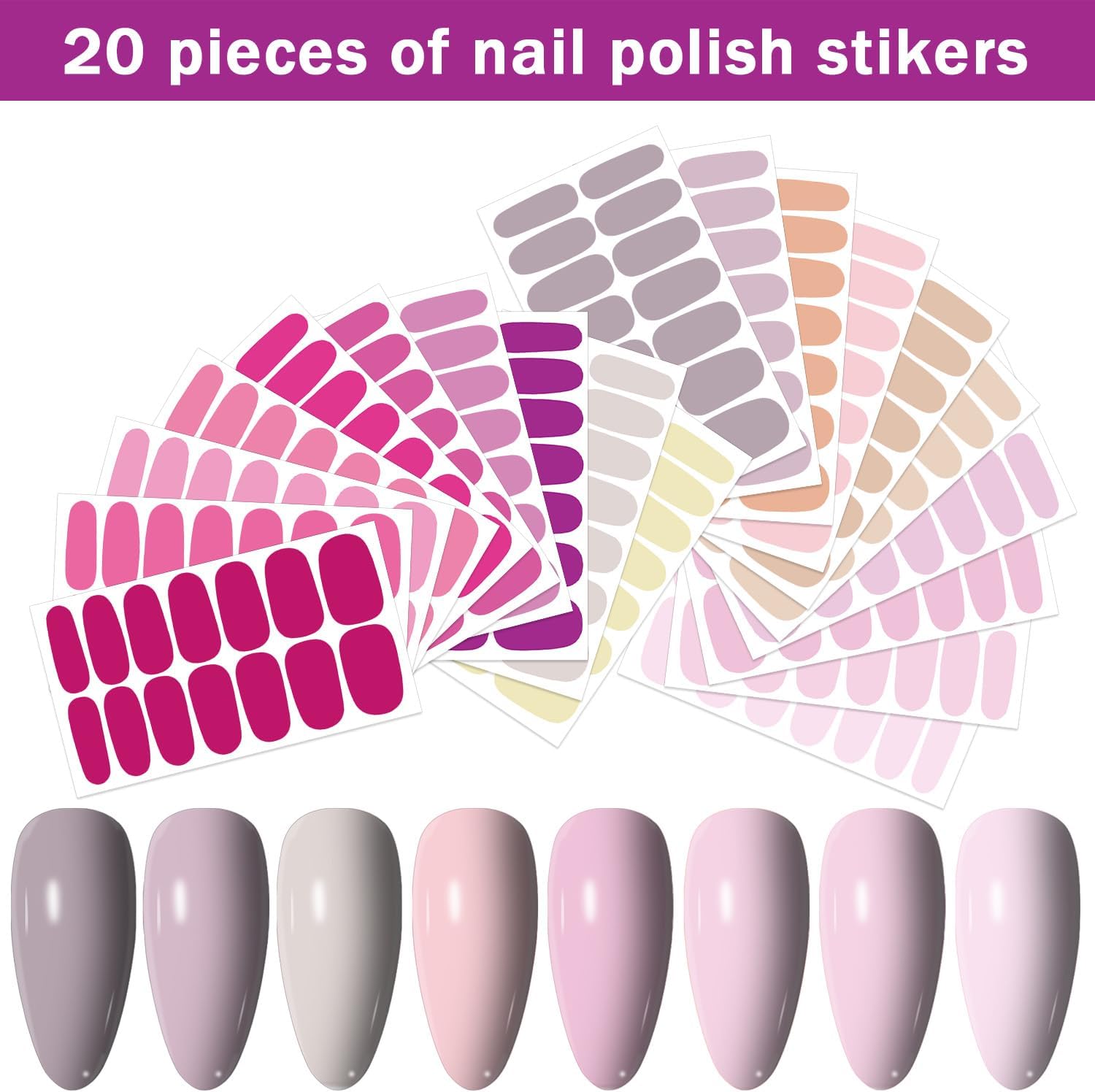 20 Sheets 280 Pcs Mix-Color Solid Nail Polish Strips for Women Girls Nails Stickers Full Nail Wraps Pink Yellow Solid Nail Polish Stickers Nails Stick On Nails Self Adhesive Gel Nail Strips - Image 2