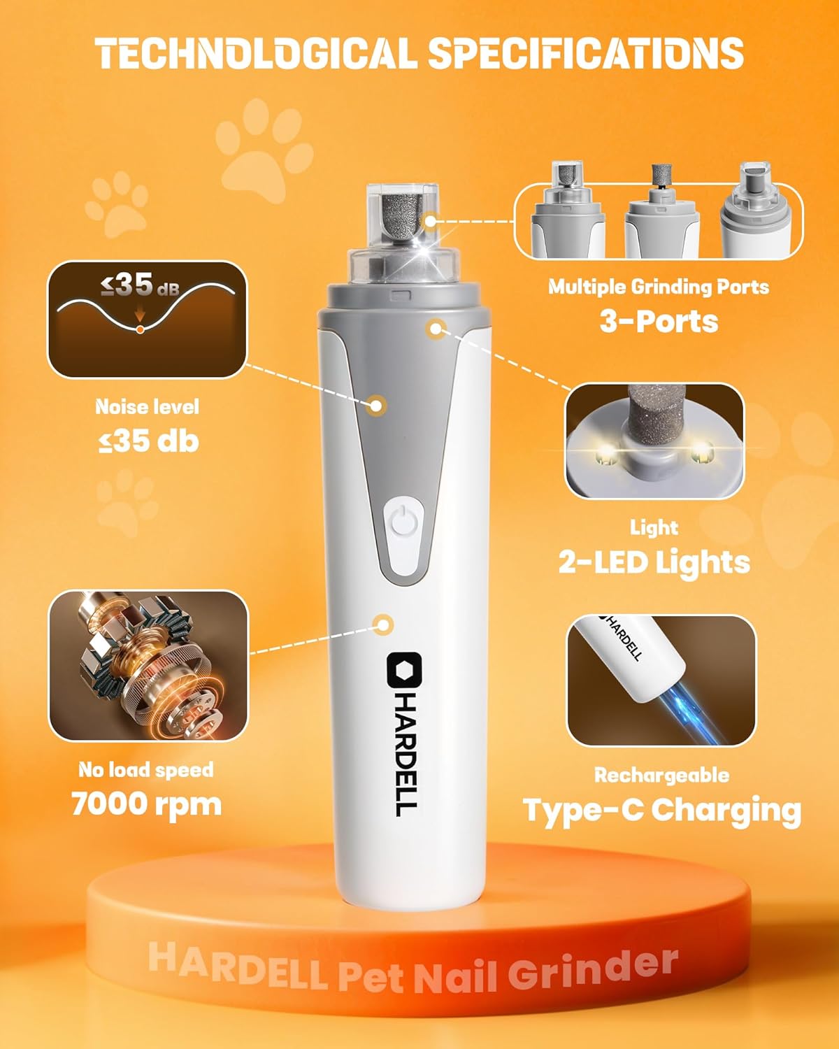 HARDELL 2-Speed Dog Nail Grinder for Small Pets, Quiet Operation, 2 LED Lights, 3 Grinding Ports - Image 7