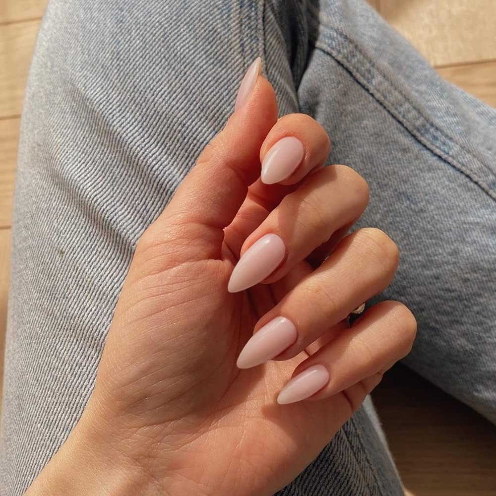 KQueenest Dusty Pink Press on Nails Medium Almond, Gel Fake Nails Press on, Glue on Nails Medium Length, Neutral Stiletto Acrylic Nails, Reusable False Nails with UV Coating for DIY Manicure in 24 Pcs - Image 3