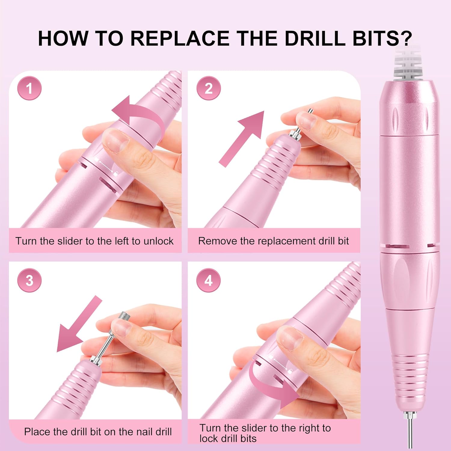 Professional Electric Nail Drill File:COSYGLOW Glitter Portable Cordless E-File Nail Drill Kit with 11 Drill Bits,30000 RPM Rechargeable Nail Drills Machine for Acrylic Nails Gel Polishing(Pink) - Image 8