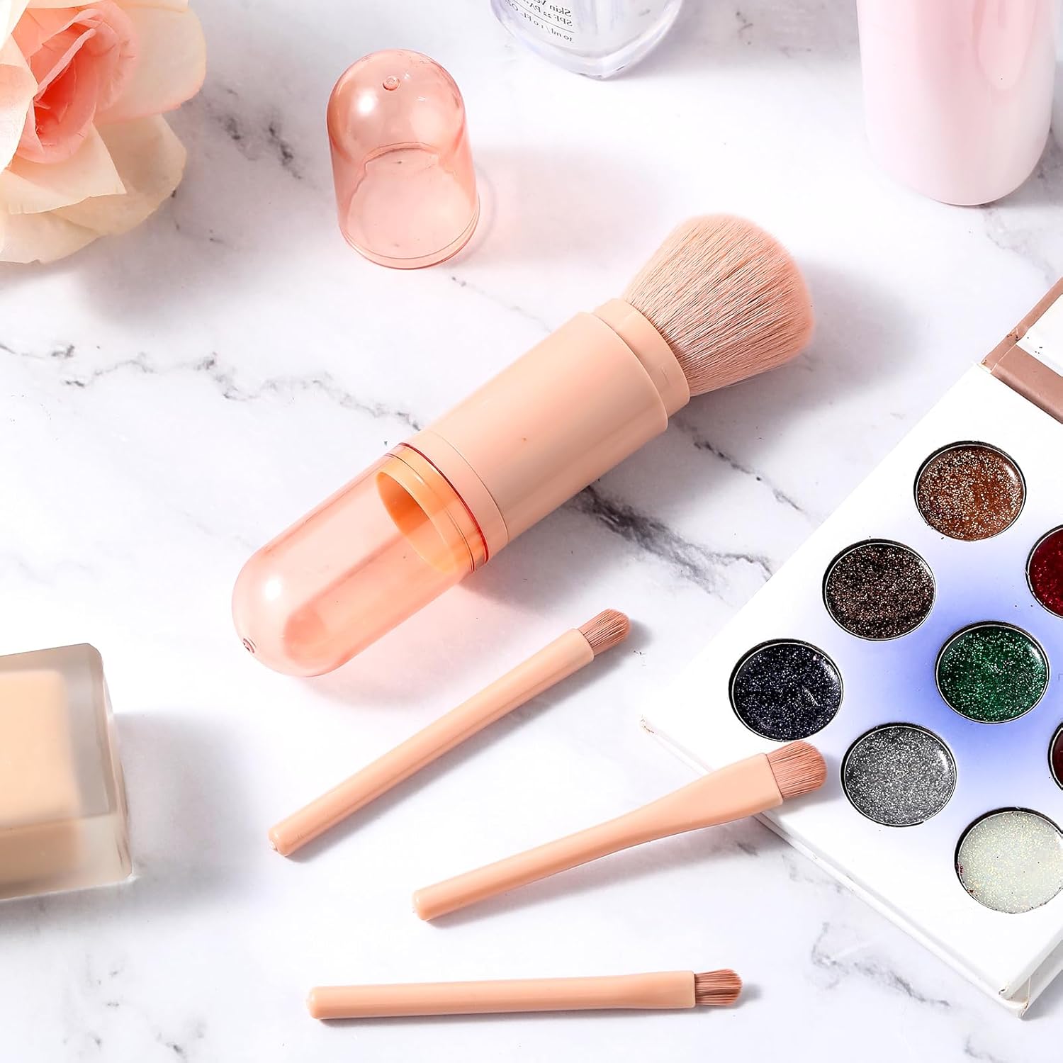 4 In 1 Travel Makeup Brushes Set Mini Cute Makeup Brush Retractable Professional Foundation Brush Make Up Holder Tool Portable Cosmetics Accessories for Powder Eye Shadow Facial Contour - Image 7