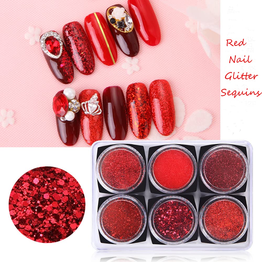 Nail Art Glitter Sequins 6 Boxes Red Crystal Diamond Nail Powder 3D Holographic Nail Art Powder Shiny Flakes Acrylic Nail Glitters Set for Valentine's Day Nail Decoration Manicure Tips Charms - Image 3
