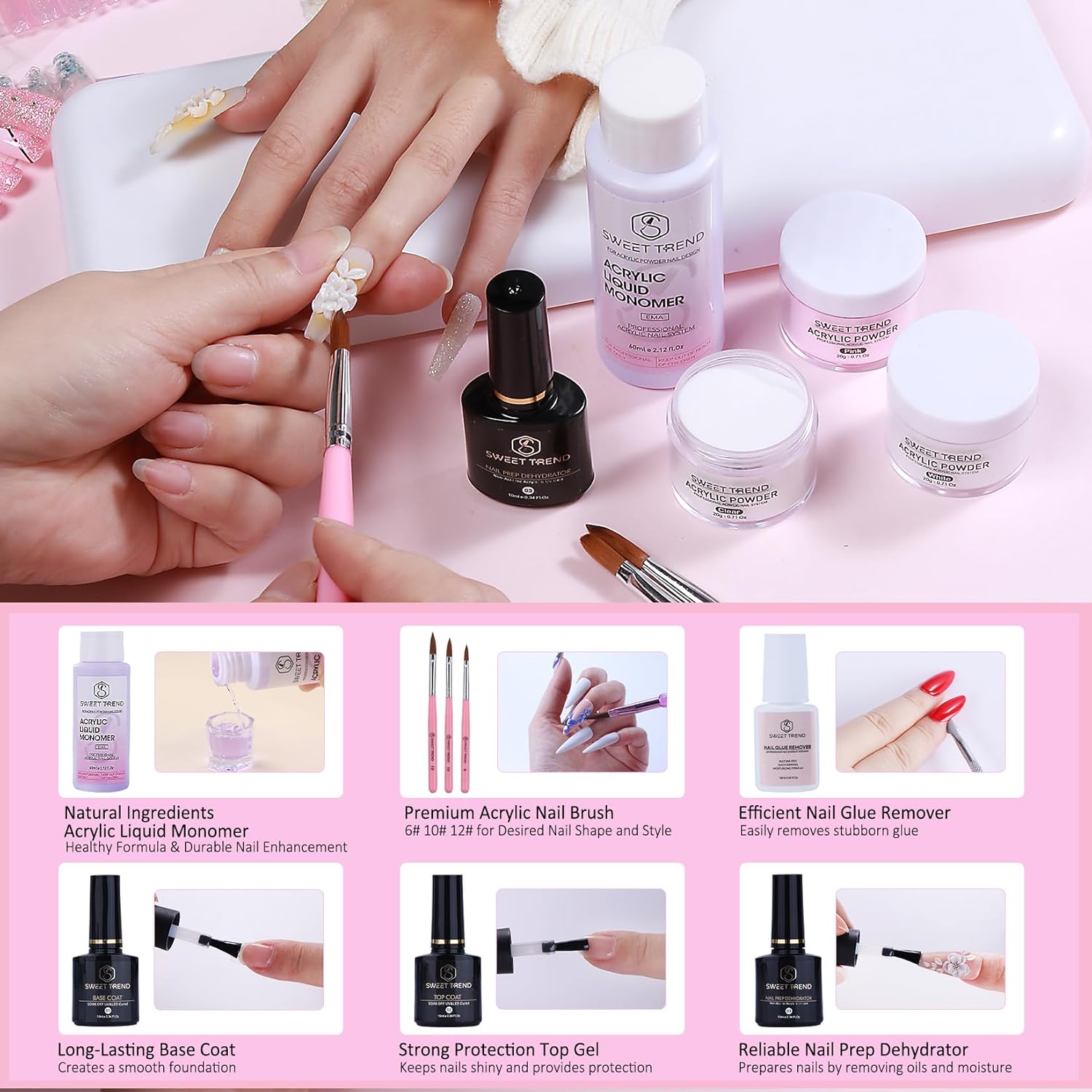 Acrylic Nail Kit with Everything: Beginners Set with Drill - Professional Acrylic Powder Glitter Monomer False Tips Top Base Coat Starter Kit - Full Decorations Nail Supplies for Nail Extensions Gift - Image 7