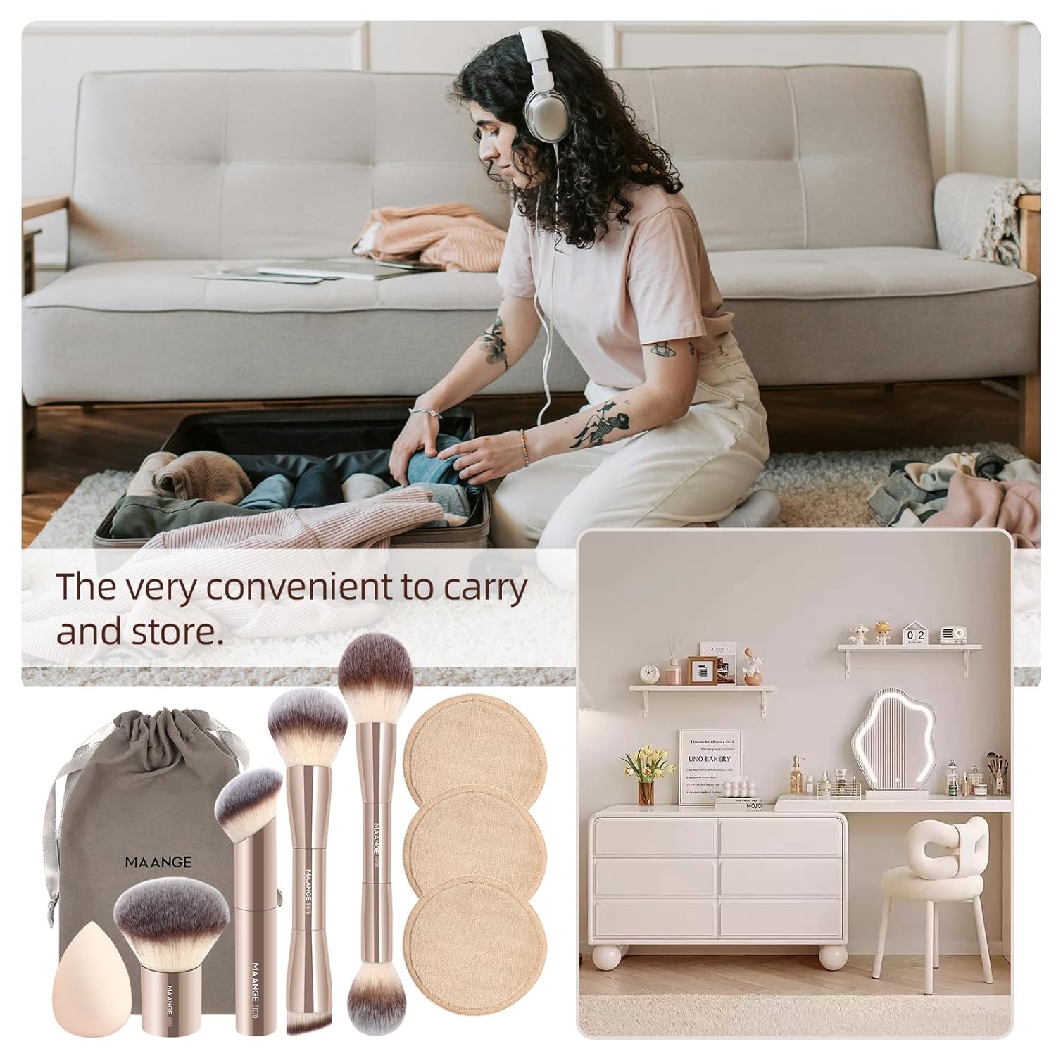 MAANGE 9 PCS Makeup Brush Set Foundation Brush Double Makeup Brushes for Blending Liquid Powder Concealer Cream Blush Buffe Contour Make up Brush Kit (Gold) - Image 7