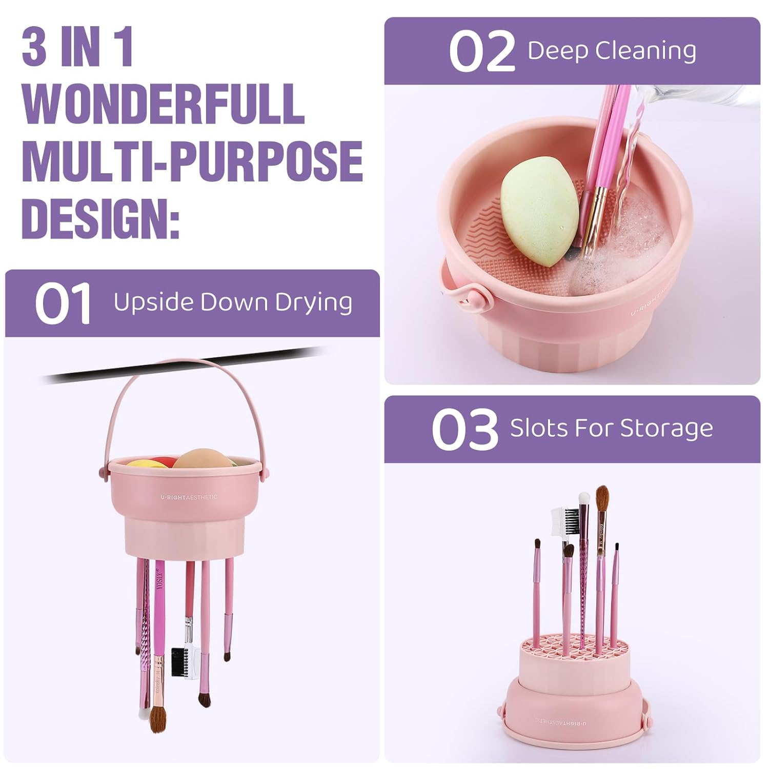 Makeup Brush Cleaner Mat 3 in 1 Silicone Makeup Brush Cleaner Bowl Cosmetic Brushes Cleaning Tool Organizer for Storage and Air Drying(Khkai - Image 2