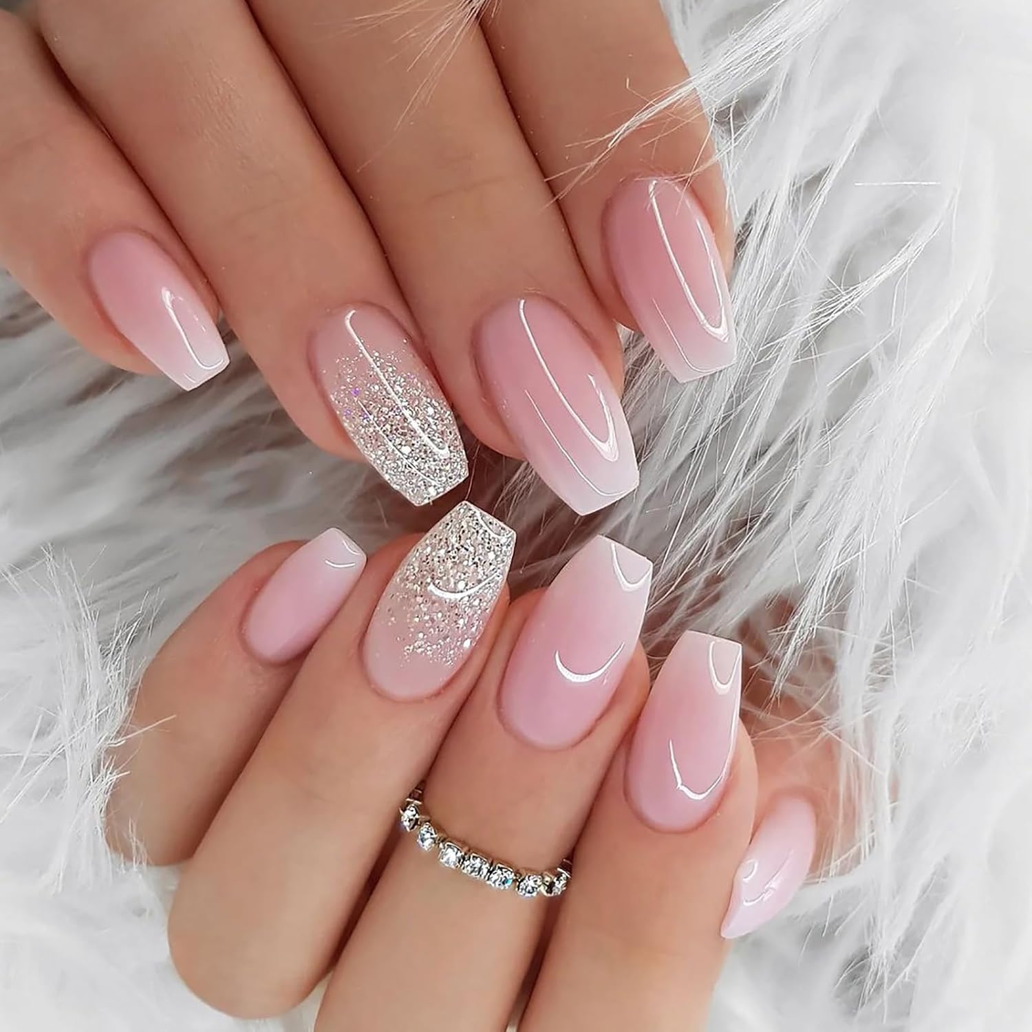 6 Packs (144 Pcs) Press on Nails Medium - Jsiallye Pink Gradient Press on Nails Square Coffin, Glue on with Nail in 12 Sizes - 24 Fake Nails Kit, French Tip Stick on Nails for Women - Image 5