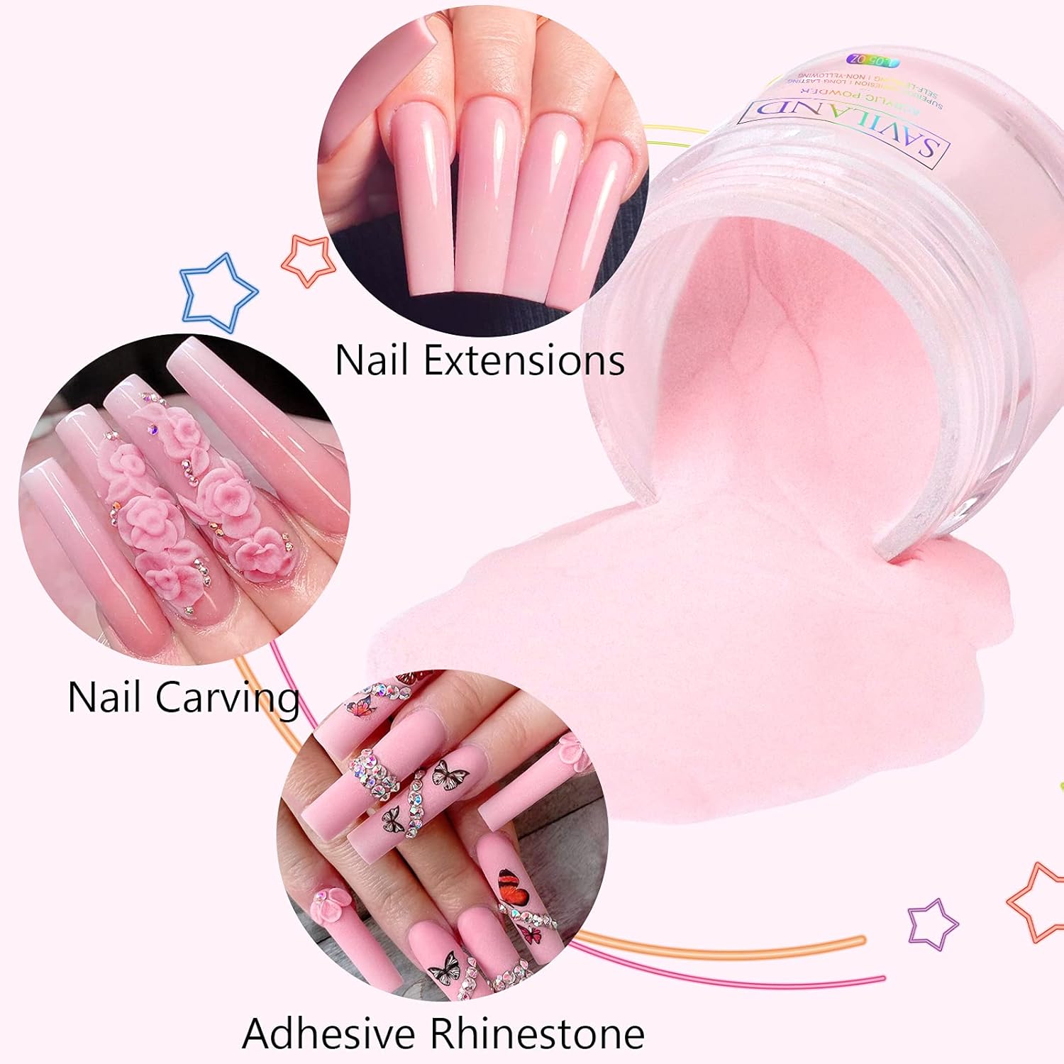Saviland Pink Acrylic Powder: 30g Professional Colored Acrylic Nail Powder Polymer for French Manicure DIY Nail Art Extension 3D Carving, Long Lasting No Need Nail Lamp - Image 3
