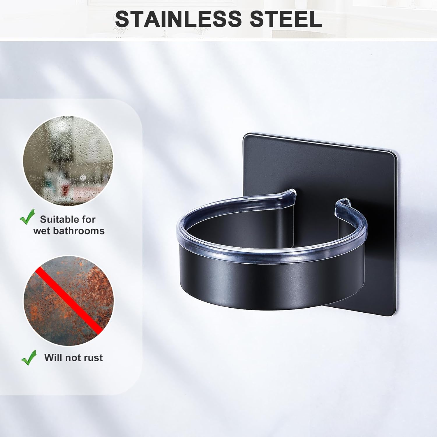 Hair Dryer Holder Wall Mount, Stainless Steel Blow Dryer Holder Wall, Adhesive Black Hair Dryer Hanger, Blow Dryer Organizer, Hair Tools Organizer Storage for Bathroom Salon Barber Shop Hotel - Image 2